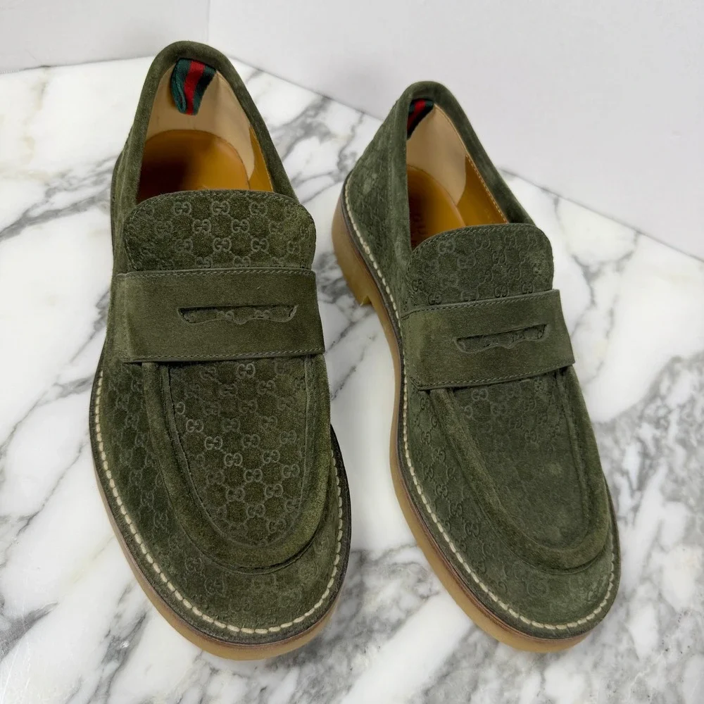 Gucci 831289 Mens GG Monogram Suede Crepe Sole Loafers Green 651289 UK 9.5